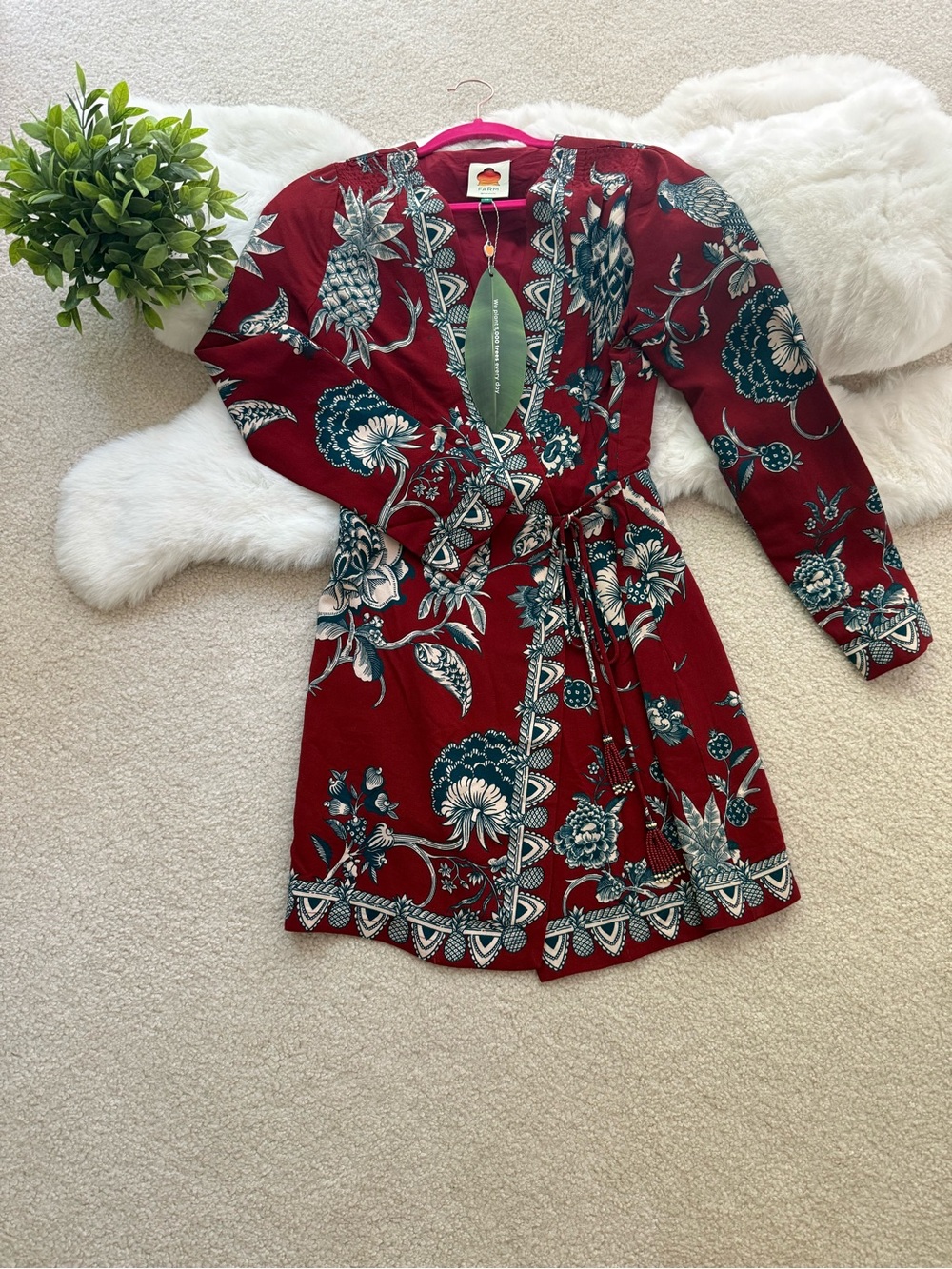 FARM Rio Crimson Floral Wrap Dress with Teal & Cream Accents Size S